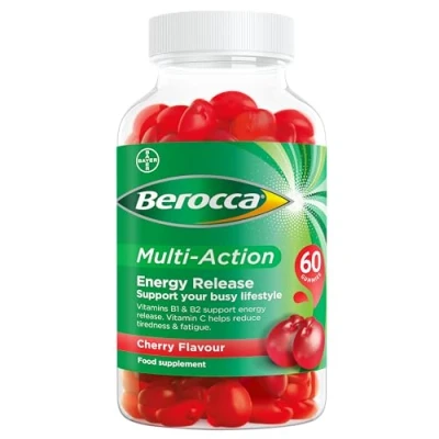 Image of Berocca Multi Action Multivitamin Gummies Including Vitamin D, C, A, B Complex (B1, B2, B3, B6, B7 &amp; B12), E Supplement for Women, Men and Kids 60 Cherry Flavour