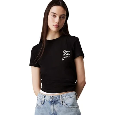 Image of Calvin Klein Women’s Short Sleeve Round Neck Script Institutional Baby Tee, Black (Ck Black), XXS