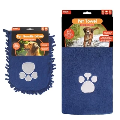 Image of YöL Microfibre Pet Towel and Mitt Set Blue Quick Drying Dog Puppy Bath Shower Absorbent Material Noodle Glove