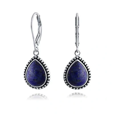 Image of Boho Western Style Blue Lapis Lazuli Semi Precious Pear Shaped Teardrop Lever Back Dangle Drop Earrings For Women Teen Oxidized .925 Sterling Silver