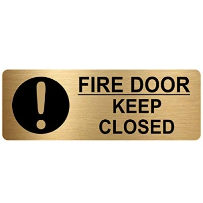 Image of METAL Fire Door Keep Closed Sign WITH IMAGE Brushed Gold Aluminium Safety Security Notice Office Shop Warehouse School Cafe