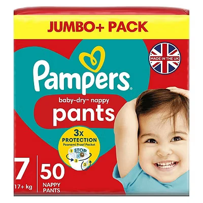 Image of Pampers Baby Dry Nappy Pants Size 7, 50 Nappies, 17kg+, Jumbo+ Pack