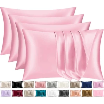 Image of Pamposh Satin Silk Pillowcases For Hair And Skin 4 Pack Standard Size with Envelope Closure (4 Pcs (50 x 75 cm), Pink)