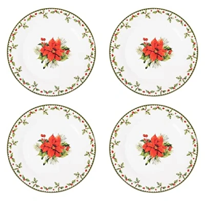 Image of Harvey &amp; Mason Set Of 4 Plates Christmas Holly Porcelain Festive Dinner Setting Xmas Decor