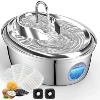 Image of GoldenSun Cat Water Fountain, 118oz/3L Stainless Steel Pet Fountain Inside, Automatic Dog Drinking with Level Visual Window for Cats and Small Dogs