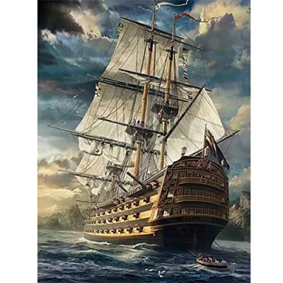 Image of DIY 5D Diamond Painting Kits for Adults,Battleship Sailing Ship Art Full Round Drill Embroidery Cross Stitch Crystal Rhinestone Mosaic Pictures Canvas Home Wall Decoration Gifts 30x40cm