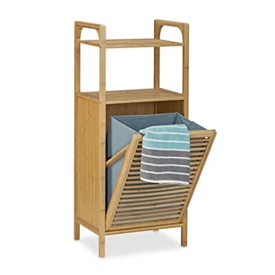 Image of Relaxdays Bamboo Bathroom Shelf with Laundry Basket, Total Size: 95 x 40 30 cm Bath Storage Solution 2 Shelves For Accessories And Fold Out Sack Bin Hamper approx 25 L, Natural Brown