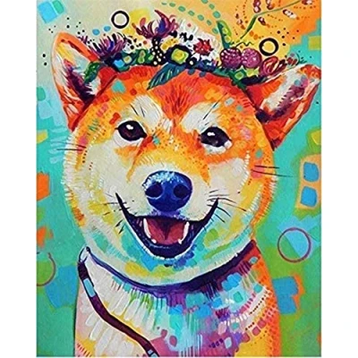 Image of PPTRTYQ Diy Oil Painting Paint By Number Kits For Adults Kids Set Linen Canvas toys hand painted gifts home decoration Art Shiba Inu dog wearing flowers40X50Cm