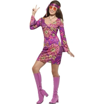 Image of Smiffys Hippie Chick Costume, Multi Coloured with Dress, Headscarf &amp; Medallion, 1960&#039;s Groovy Fancy Adult Dress Up Costumes