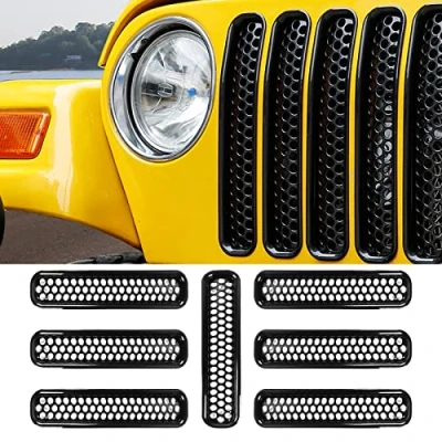 Image of RT TCZ Black Honeycomb Mesh Front Grill Inserts Kit for 1997 2006 Jeep Wrangler TJ &amp; Unlimited (7PCS)