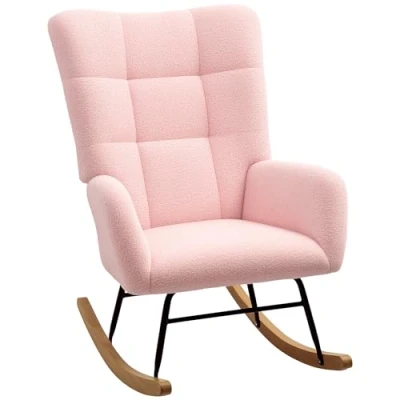 Image of HOMCOM Rocking Chair, Teddy Upholstered Accent Modern Armchair with Wide Backrest and Rubberwood Base for Living Room, Bedroom, Light Pink