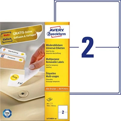 Image of Avery Zweckform L4743REV 100 Universal Labels Sheets / 200 199.6 x 143.5 mm White