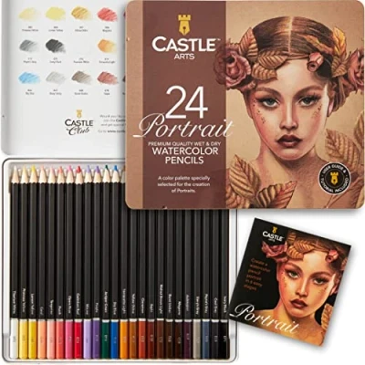 Image of Castle Art Supplies “Portraits Themed Watercolour Pencils Set 24 Premium Quality, Selected Vibrant Colours Draw and Paint at the Same Time For Adult Artists Gifting In Special Tin Box