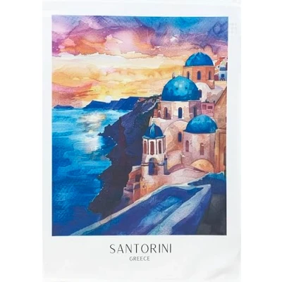 Image of Half a Donkey The view from Santorini large cotton tea towel