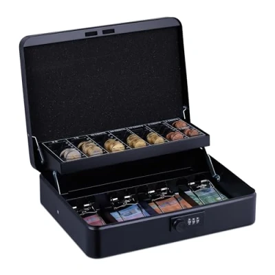 Image of Relaxdays Cash, 3 Digit Number Combination, Coin Insert, Iron Money Box, H x W D: 8.5 30.5 25 cm, Black, 60% 30% Plastic 10% Steel, 8,5 30,5 cm