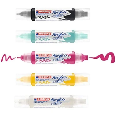 Image of edding 5400 acrylic 3D double liner black white yellow pink turquoise paint set with 5 tubes (basic) nozzle 2 3,5 10 mm for canvas, wood artist quality colours
