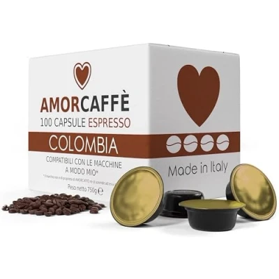Image of AMORCAFFÈ 100 Coffee Capsules Pods Compatible with Lavazza A Modo Mio, Colombia taste
