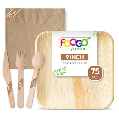 Image of FOOGO Green 375pcs Disposable Palm Leaf Plates, Wooden Cutlery Set and Brown Napkins, FSC® Certified, 75x Large Square Forks, Knives, Spoons, Eco Biodegradable