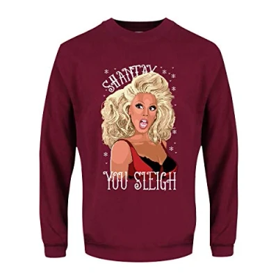 Image of Grindstore Men&#039;s Shantay You Sleigh Drag Queen Christmas Jumper Sweater Burgundy