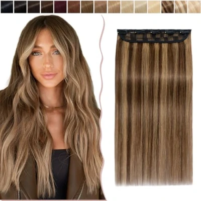 Image of 18 inch SEGO One Piece Clip in Real Remy Human Hair Extension [#4/27 Medium Brown&amp;Dark Blonde] Hairpieces for Women 3/4 Full Head Straight Invisible (50g)