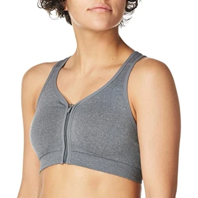 Image of Jockey Women&#039;s Mid Impact Zip Front Sports Bra, Opaque, Grey, XL