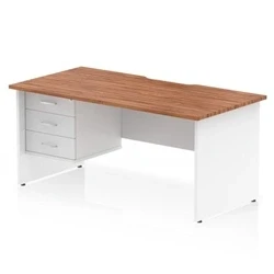 Image of Impulse 1600 x 800mm Scalloped Edge Straight Office Desk Walnut Top White Panel End Leg Workstation 1 3 Drawer Fixed Pedestal