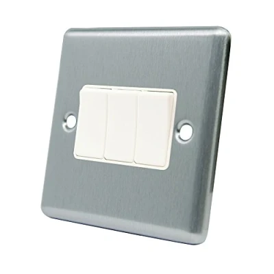 Image of AET CSC3GSWIWH Satin Chrome Classical White Insert Plastic Rocker Switches 10 Amp Triple 3 Gang 2 Way Light Switch, 240 V