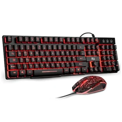 Image of Rii RK108 Gaming Keyboard and Mouse Set,Wired LED Light Up with 3 Colors Backlit (Red/Purple/Blue),Compatible PC,Laptop,Windows,Gamer,Xbox one,PS4,PS5 UK Layout