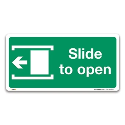 Image of Slide to open left Fire exit Sign, Self adhesive Vinyl Sticker 100x50mm, British Standard Safety Door Signs