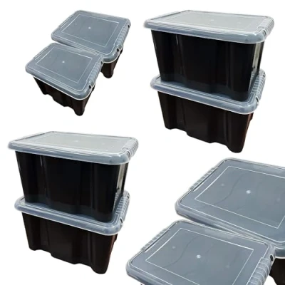 Image of STAR SUPPLIES Stackable 24 Litre Large Black Plastic Storage Containers With See Through Transparent Lids For Home/Office (5)