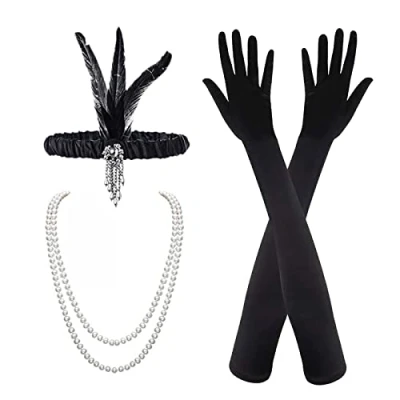 Image of MIVAIUN 3 Pieces 1920s Flapper Headband Accessories Set, Vintage Feather Headband, Black Long Gloves, Pearl Necklace, Great Gatsby Costume Accessories, Retro Style Hair (3 Pieces)