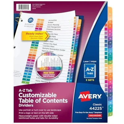 Image of Avery A Z Tab Dividers for 3 Ring Binders, Customizable Table of Contents, Multicolor Tabs, Sets (44225)