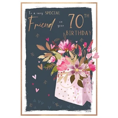 Image of Special Friend 70th Birthday Card Age 70 Floral Feminine Design Finish and Illustrated Insert Leaf Made in the UK Eco Friendly