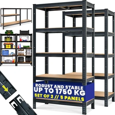 Image of Monzana® Set of 2 Garage Shelves 5 Tier Industrial Racking Heavy Duty Free Standing Plug In Shelving Units Warehouse Shed Workshop 875KG Capacity Black 180x90x40cm