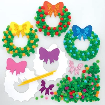 Image of Baker Ross FE905 Christmas Wreath Pom Art Kits Pack of 5, Design Your Own Decorations, Decorations for Children to Make, Decorate and Display, Creative Activities Kids