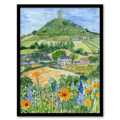 Image of Artery8 Glastonbury Tor Spring Floral Somerset Painting Living Room Artwork Framed Wall Art Print A4