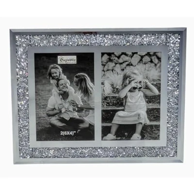 Image of EagleWiz GLASS MIRRORED CRUSHED CRYSTAL DIAMOND,DOUBLE PHOTO FRAME,TWO PHOTOS SILVER