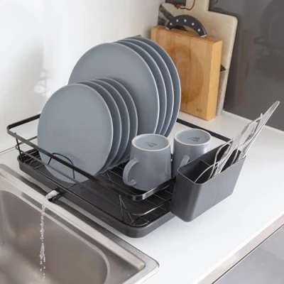 Image of Metal Dish Drainer Rack with Drip Tray Black