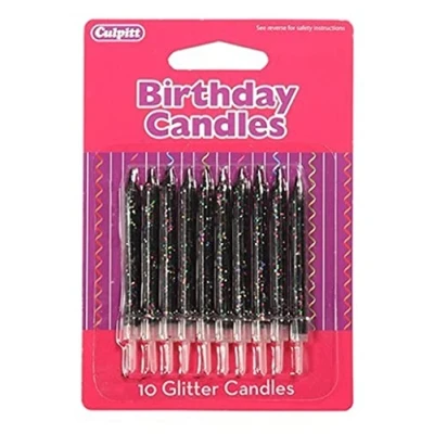 Image of CULPITT Glitter Cake Candles, 10 Pack, Birthday Candle for Cakes &amp; Cupcakes with a Clear Holder, Add Some Sparkle to Birthdays, Anniversaries, Special Occasions Black