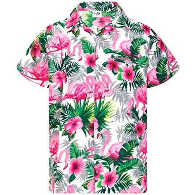Image of King Kameha Mens Funky Flamingos Short Sleeve Hawaiian Shirt Novelty Summer Vibes, Flamingo Flowers, White Pink, XS