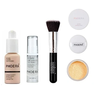 Image of Phoera® Full Coverage Foundation, Primer, Setting Powder and MISKEEN Makeup Brush Soft Matte Oil Control Concealer 30ml Long Lasting Flawless Cream Smooth Aquapurity (101 PORCELAIN SET)