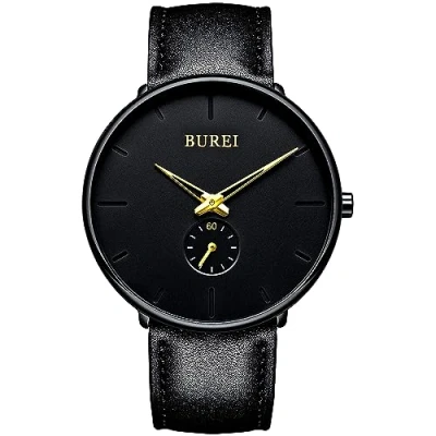 Image of BUREI Mens Minimalist Watch Black Large Face Rose Gold Hands Silver Stainless Steel Mesh Band