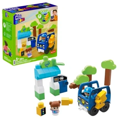 Image of MEGA BLOKS Fisher Price Toddler Building Blocks, Green Town Charge &amp; Go Bus with 34 Pieces, 2 Figures, Kids Age 1+ Years, HDX90