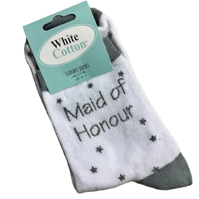 Image of WHITE COTTON CARDS MAID OF HONOUR SOCKS WITH GLITTER THREAD Novelty Socks. Size UK Adults 4 7 (SK51 )