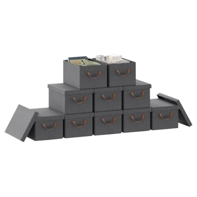 Image of WOLTU Storage Boxes Set of 10, Foldable with Lids, Under Bed Handles, Wardrobe Organiser, Non woven Fabric Basket, Grey, 38x27x20cm,
