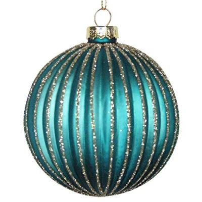 Image of Gisela Graham Peacock Blue Turquoise Ribbed Gold Glitter Glass Bauble Hanging Christmas Tree Decoration