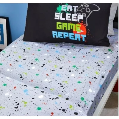 Image of Bedlam Grey Bed Sheet with Paint Splatter Single Fitted (190 x 90 28cm) for Boys Gaming Bedding Bedroom Accessories Matching Duvet Cover Available