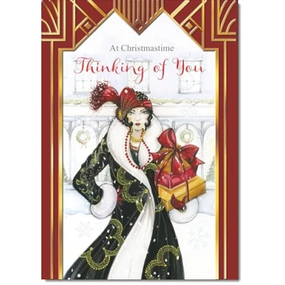 Image of doodlecards Thinking Of You Christmas Card Lady with Parcels Medium Size for Plain Envelope