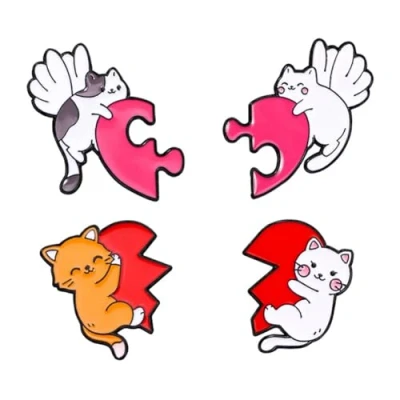 Image of sunruchao 4Pcs Love Heart Cat Pin Set Holding Enamel Funny Couple Brooches Cute Lover Lapel Badge Gift Decorations for Women Girls