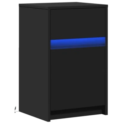 Image of vidaXL Bedside Cabinet with LED Lights Black Engineered Wood Table Stylish Nightstand Drawer for Bedroom/Living Room